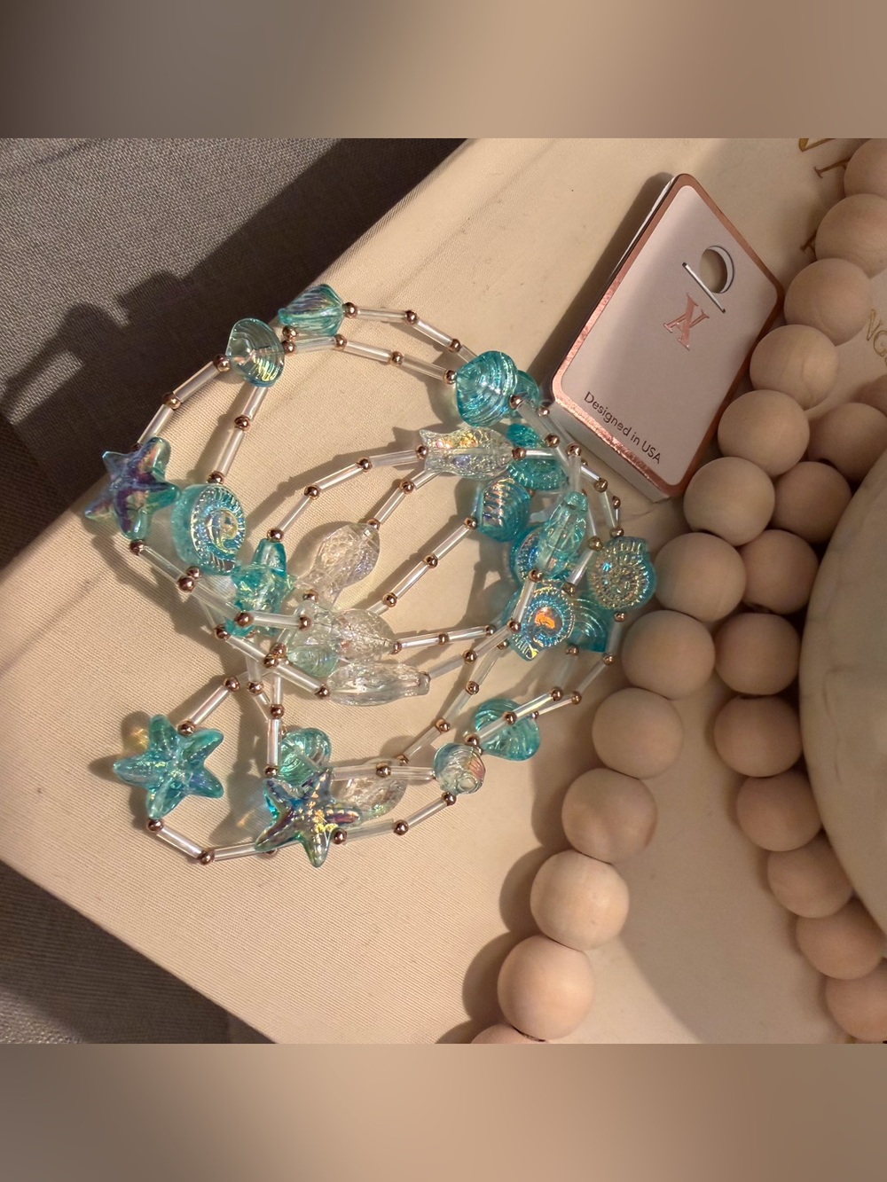 Blue Iridescent Ocean Charm Stretch Bracelet Set Starfish Shell Fish Beaded NWT